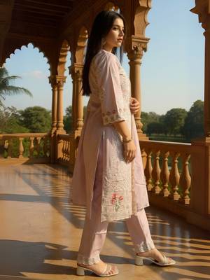 Lavender embroidered pure cotton kurta trouser dupatta set 3