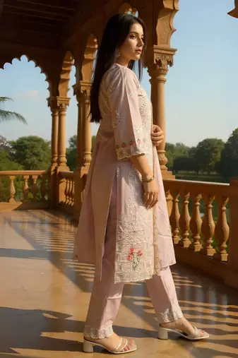 Lavender embroidered pure cotton kurta trouser dupatta set