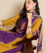 Purple embroidered viscose rayon kurta trouser dupatta set