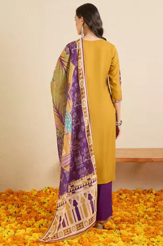 Purple embroidered viscose rayon kurta trouser dupatta set