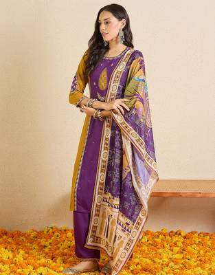 Purple embroidered viscose rayon kurta trouser dupatta set 3