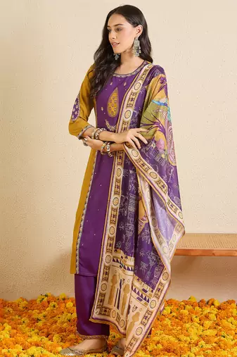 Purple embroidered viscose rayon kurta trouser dupatta set