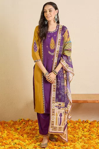 Purple embroidered viscose rayon kurta trouser dupatta set