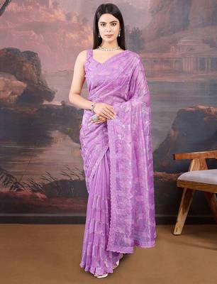 Lavender sequinned embellished saree with blouse piece 2