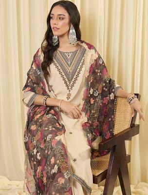 Cream embroidered viscose rayon kurta trouser dupatta set 1