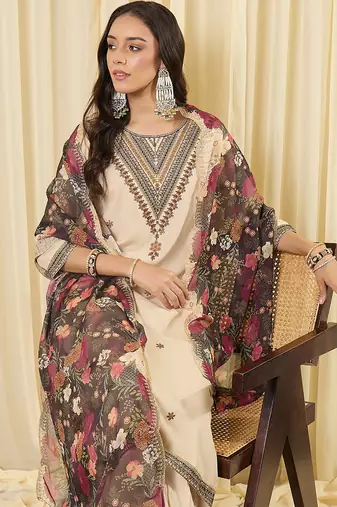 Cream embroidered viscose rayon kurta trouser dupatta set