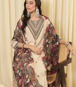 Cream embroidered viscose rayon kurta trouser dupatta set