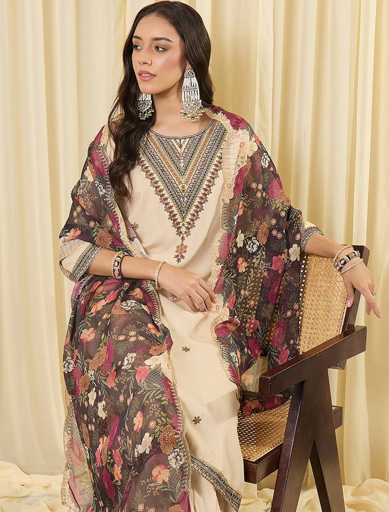 Cream embroidered viscose rayon kurta trouser dupatta set