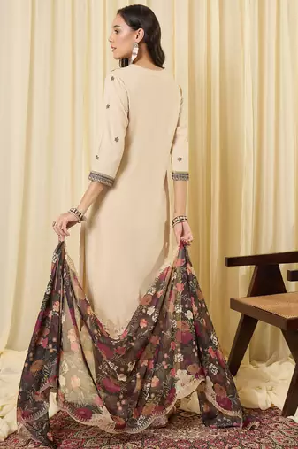 Cream embroidered viscose rayon kurta trouser dupatta set