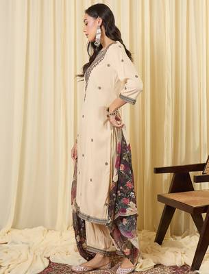 Cream embroidered viscose rayon kurta trouser dupatta set 3