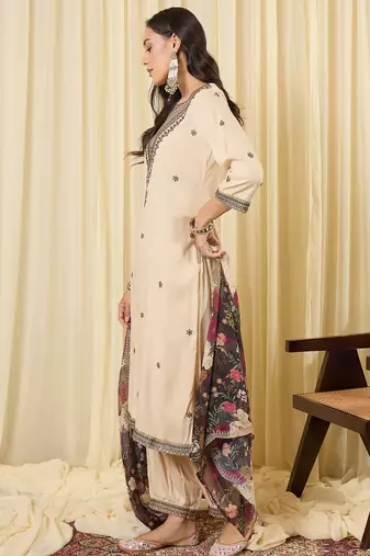 Cream embroidered viscose rayon kurta trouser dupatta set