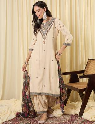 Cream embroidered viscose rayon kurta trouser dupatta set 4