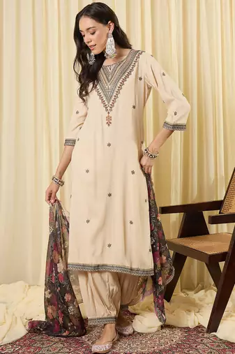 Cream embroidered viscose rayon kurta trouser dupatta set