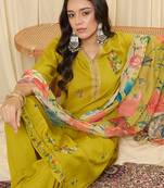 Green embroidered viscose rayon kurta trouser dupatta set