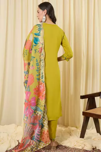 Green embroidered viscose rayon kurta trouser dupatta set