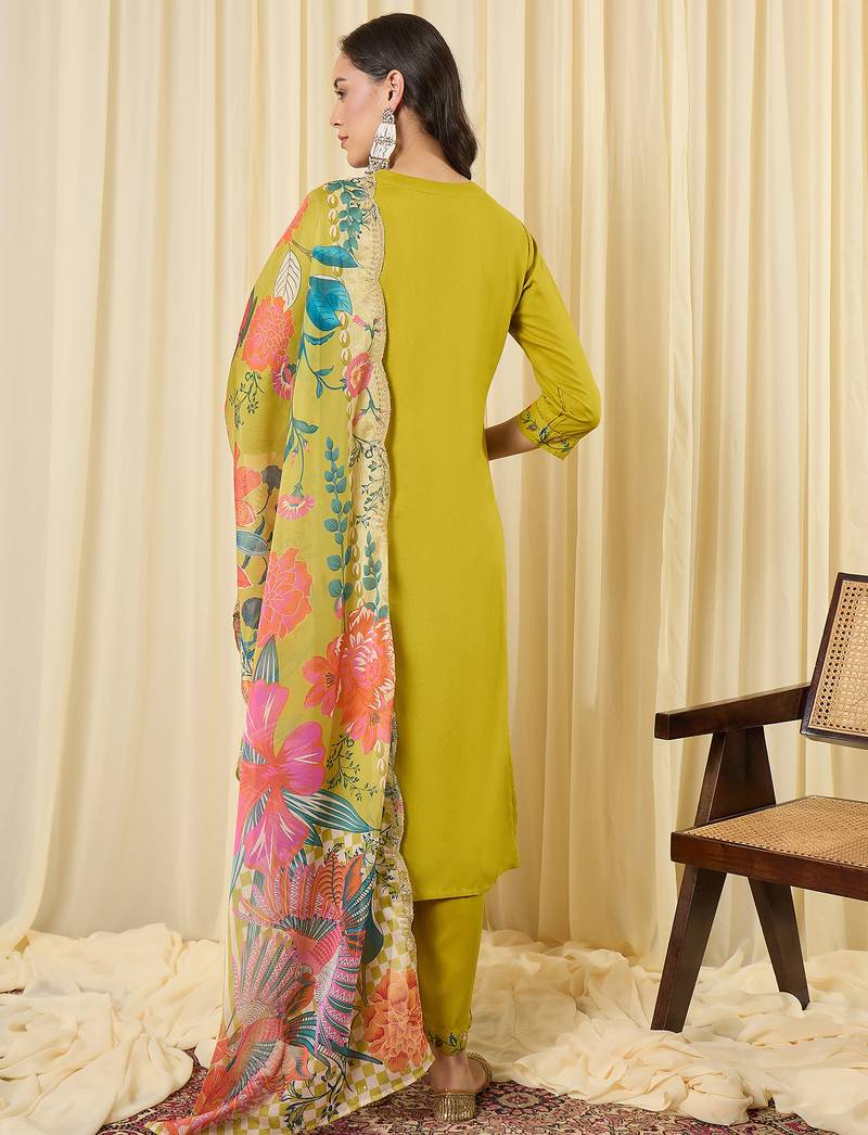 Green embroidered viscose rayon kurta trouser dupatta set