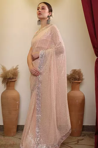Peach ethnic sequence embroidered saree
