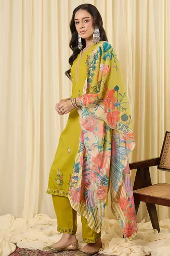 Green embroidered viscose rayon kurta trouser dupatta set