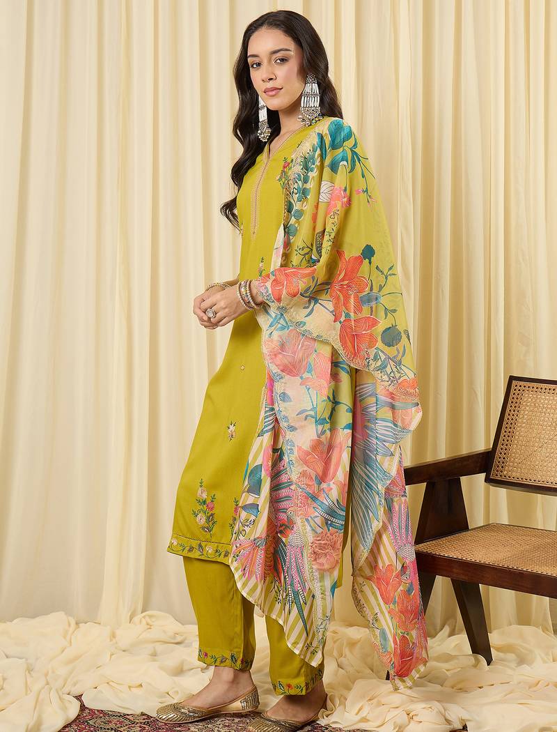 Green embroidered viscose rayon kurta trouser dupatta set