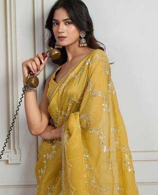 Yellow embellished beads & stones saree with blouse piece 1