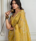 Yellow embellished beads & stones saree with blouse piece