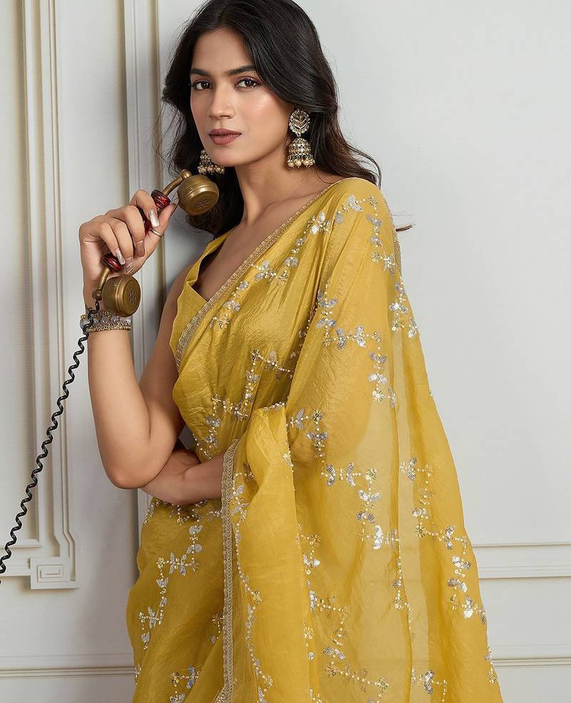Yellow embellished beads & stones saree with blouse piece
