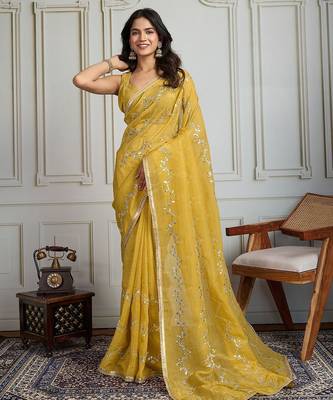 Yellow embellished beads & stones saree with blouse piece 2