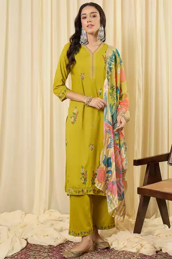 Green embroidered viscose rayon kurta trouser dupatta set