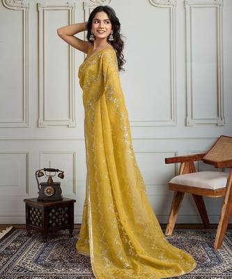 Yellow embellished beads & stones saree with blouse piece 3