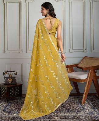 Yellow embellished beads & stones saree with blouse piece 4