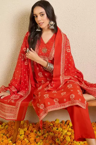 Orange printed pure cotton kurta trouser dupatta set