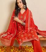 Orange printed pure cotton kurta trouser dupatta set