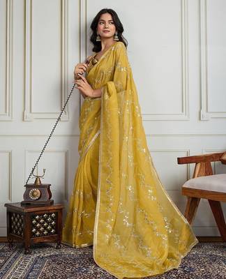 Yellow embellished beads & stones saree with blouse piece 5
