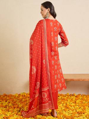 Orange printed pure cotton kurta trouser dupatta set 2