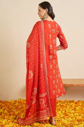 Orange printed pure cotton kurta trouser dupatta set