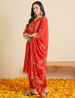 Orange printed pure cotton kurta trouser dupatta set 3