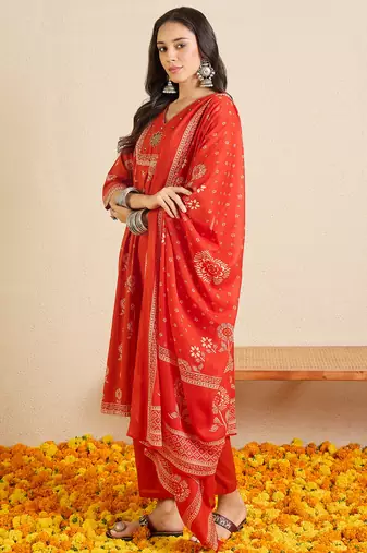Orange printed pure cotton kurta trouser dupatta set