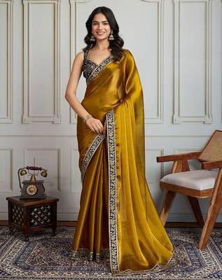 Mustard floral embroidered satin saree with unstitched blouse 1