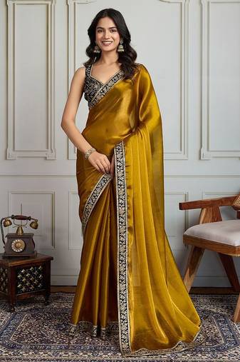 Mustard floral embroidered satin saree with unstitched blouse