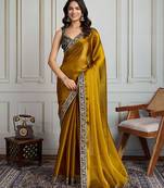 Mustard floral embroidered satin saree with unstitched blouse
