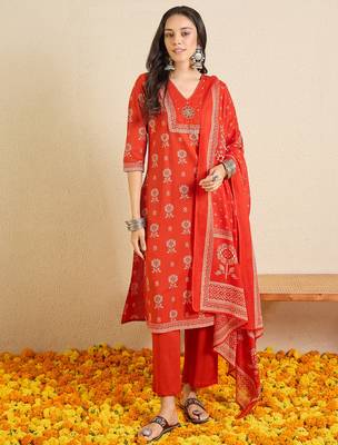 Orange printed pure cotton kurta trouser dupatta set 4