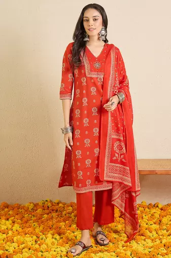 Orange printed pure cotton kurta trouser dupatta set