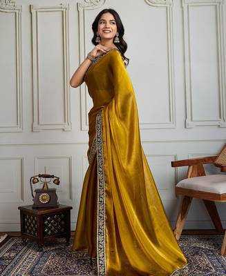 Mustard floral embroidered satin saree with unstitched blouse 2