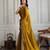 Mustard floral embroidered satin saree with unstitched blouse
