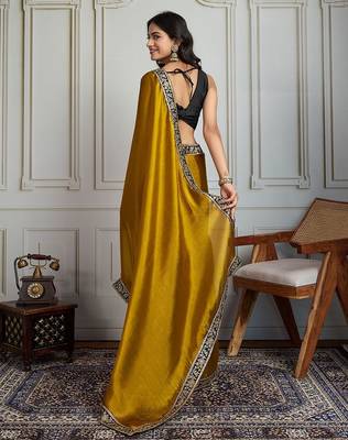 Mustard floral embroidered satin saree with unstitched blouse 3