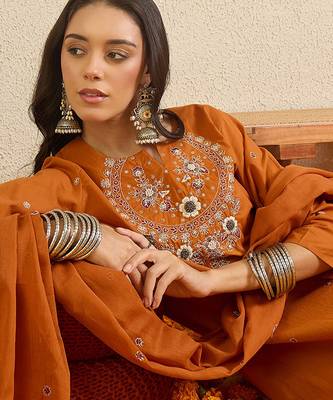 Orange embroidered pure cotton kurta trouser dupatta set 1