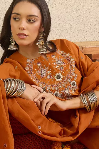 Orange embroidered pure cotton kurta trouser dupatta set