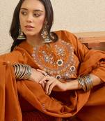 Orange embroidered pure cotton kurta trouser dupatta set