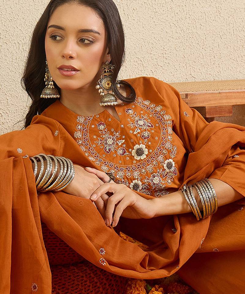 Orange embroidered pure cotton kurta trouser dupatta set