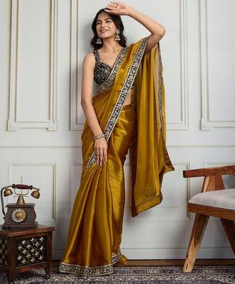 Mustard floral embroidered satin saree with unstitched blouse 4